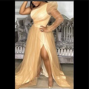 Single Sleeve Elegant Party Wedding Guests Bridesmaid Tulle Maxi Dress Gold